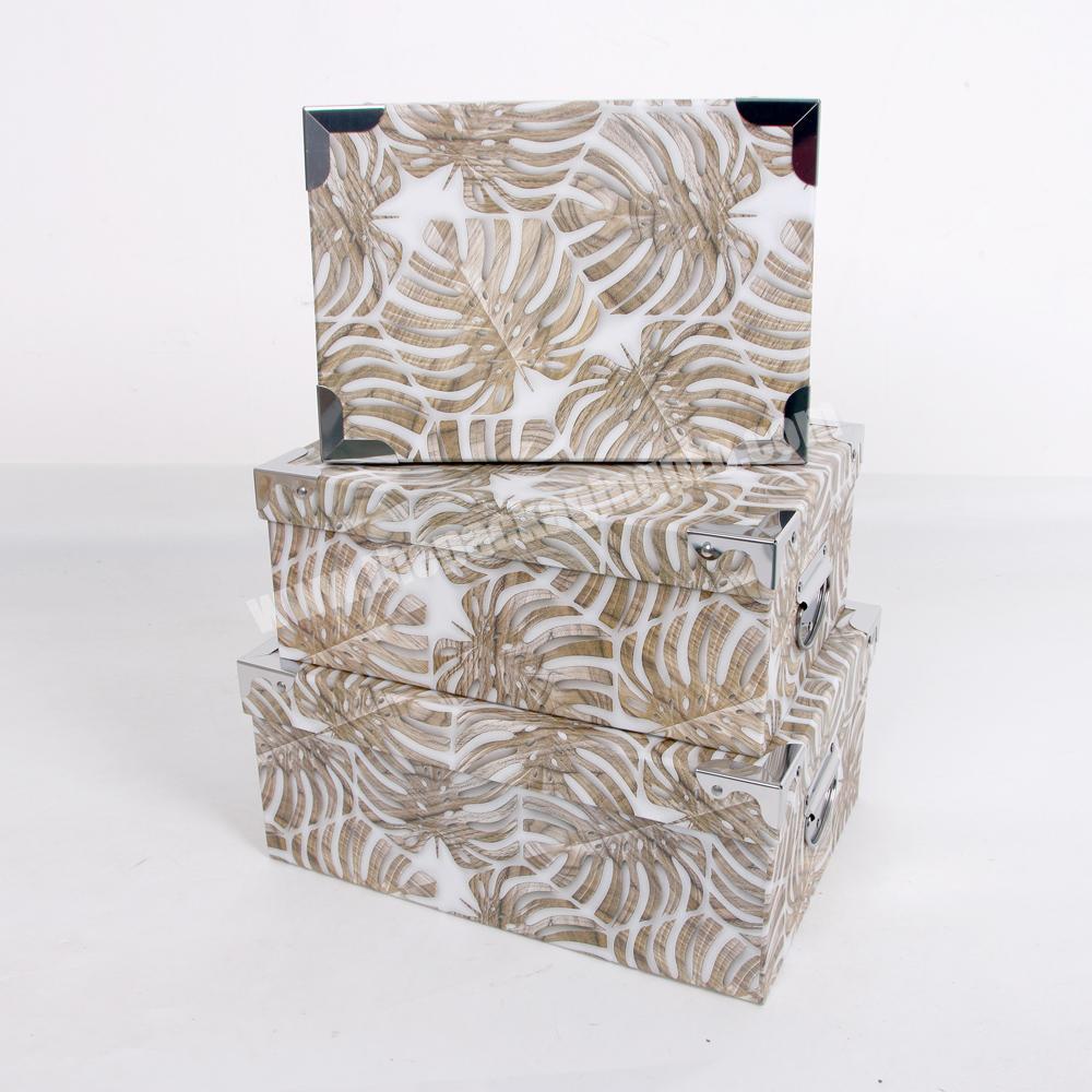 Leaves Pattern Paper Cardboard Rectangular Packaging Boxes With Metal Handle