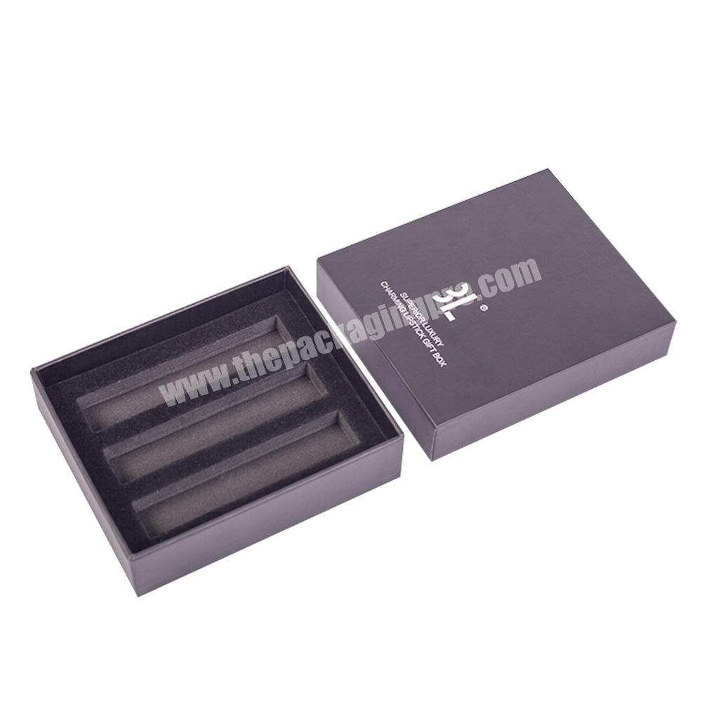 lipstick electronics cardboard box custom flocking sponge slots filled matte black paper box lid