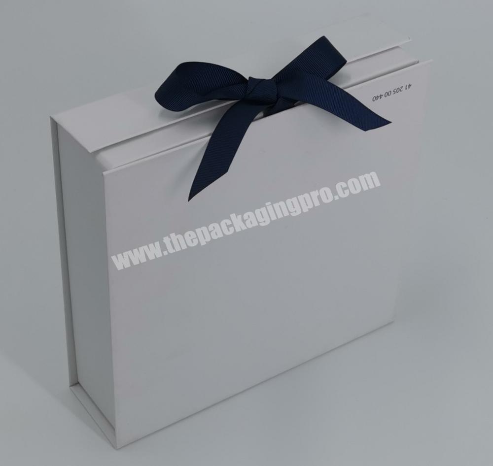 Logo OEM White Rigid Cardboard Lateral Foldable Flat Packing Bookshape Gift Box with Ribbon Closure