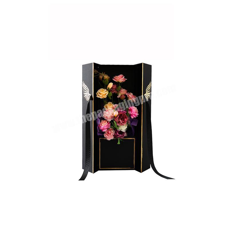 Luxury Black Flower Box Custom Logo Cardboard Double Door Gift Box With Ribbon Closure