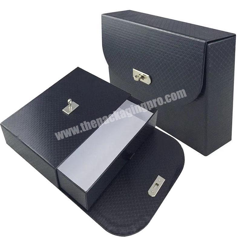 Custom Luxury Black Gift Paper Box Keepsake Stationery Storage Box Square Shape Paper Drawer Storage Box With Metal Lock