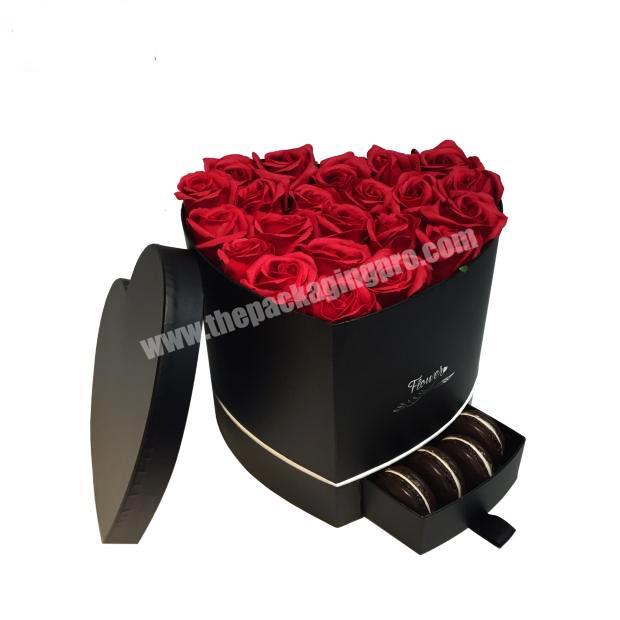 Luxury black heart shaped flower cardboard stamping storage box gift packaging with drawer custom for chocolate and rose packing