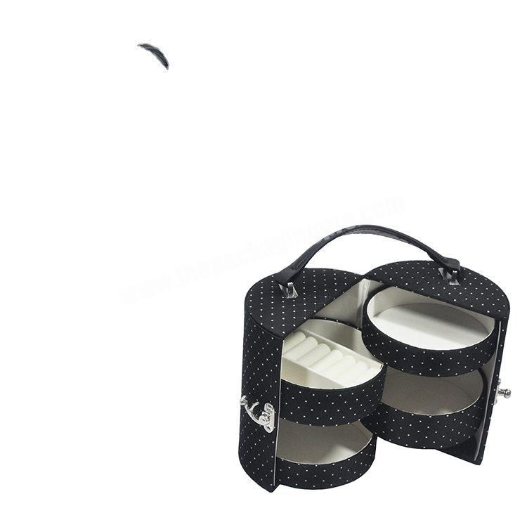 luxury black  rigid  black wooden round multi layer leather lady  jewel box organizer  leather mirror storage jewelry case