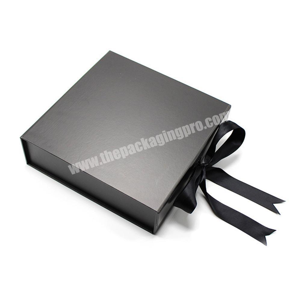 Luxury black rigid cardboard magnet closed foldable dress gift mystery box with ribbon