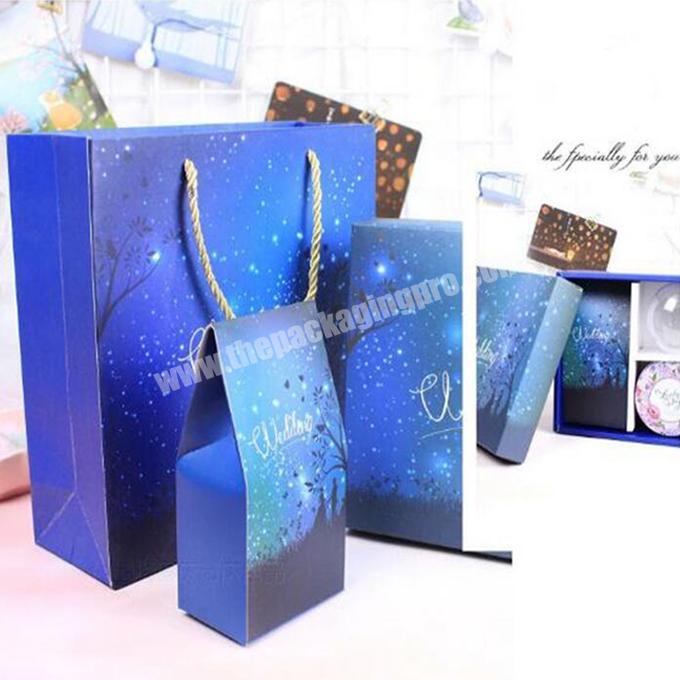 luxury cardboard Gift Box Set Hand Candy Bag Stars Souvenir Party Blue kraft Paper Bags Suit Pack with handle
