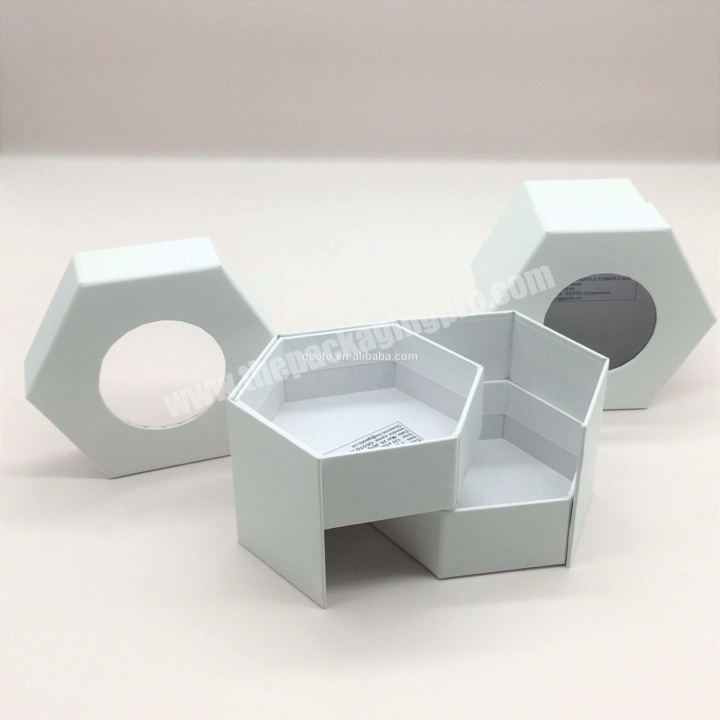 Luxury cardboard  hexagon shape gift paper packaging box with custom logo window- 2 layers