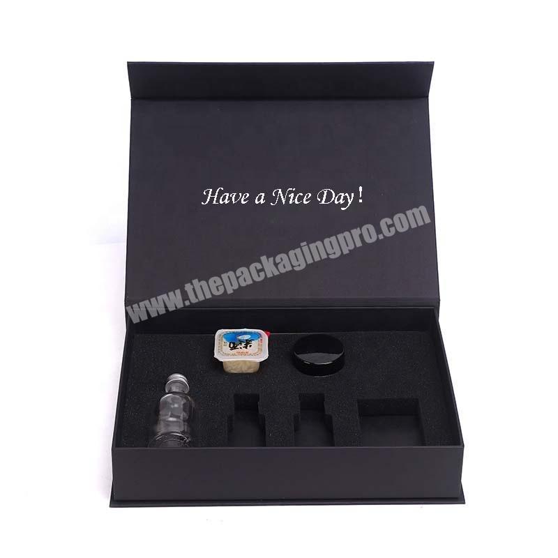 Luxury Cardboard Matte Black Cosmetics Packaging Boxes  Perfume Bottle Packing Box With Eva Foam Insert