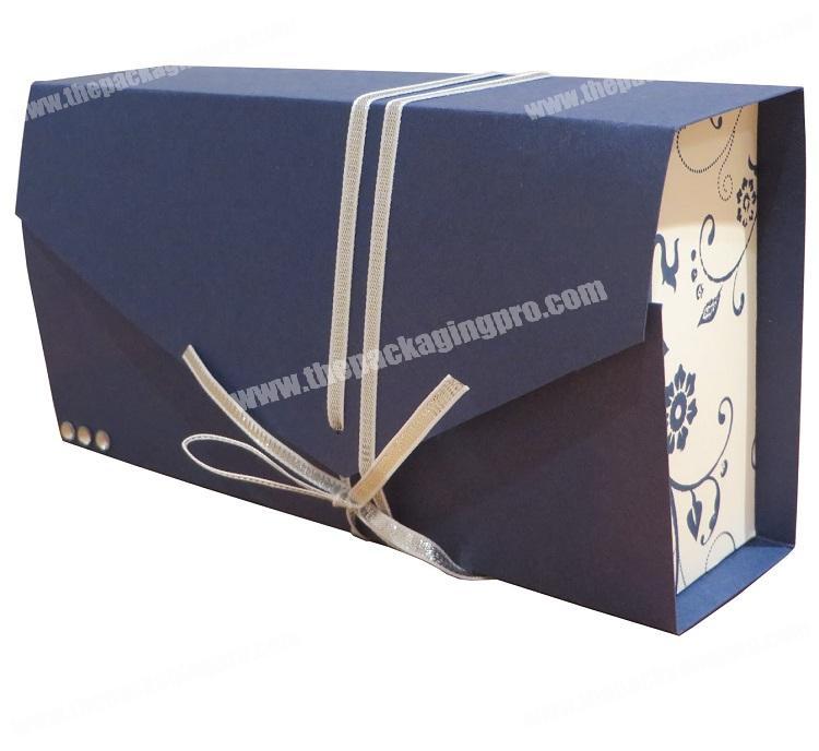 Luxury cardboard paper gatefolded style ribbon closure rigid packaging gift boxes