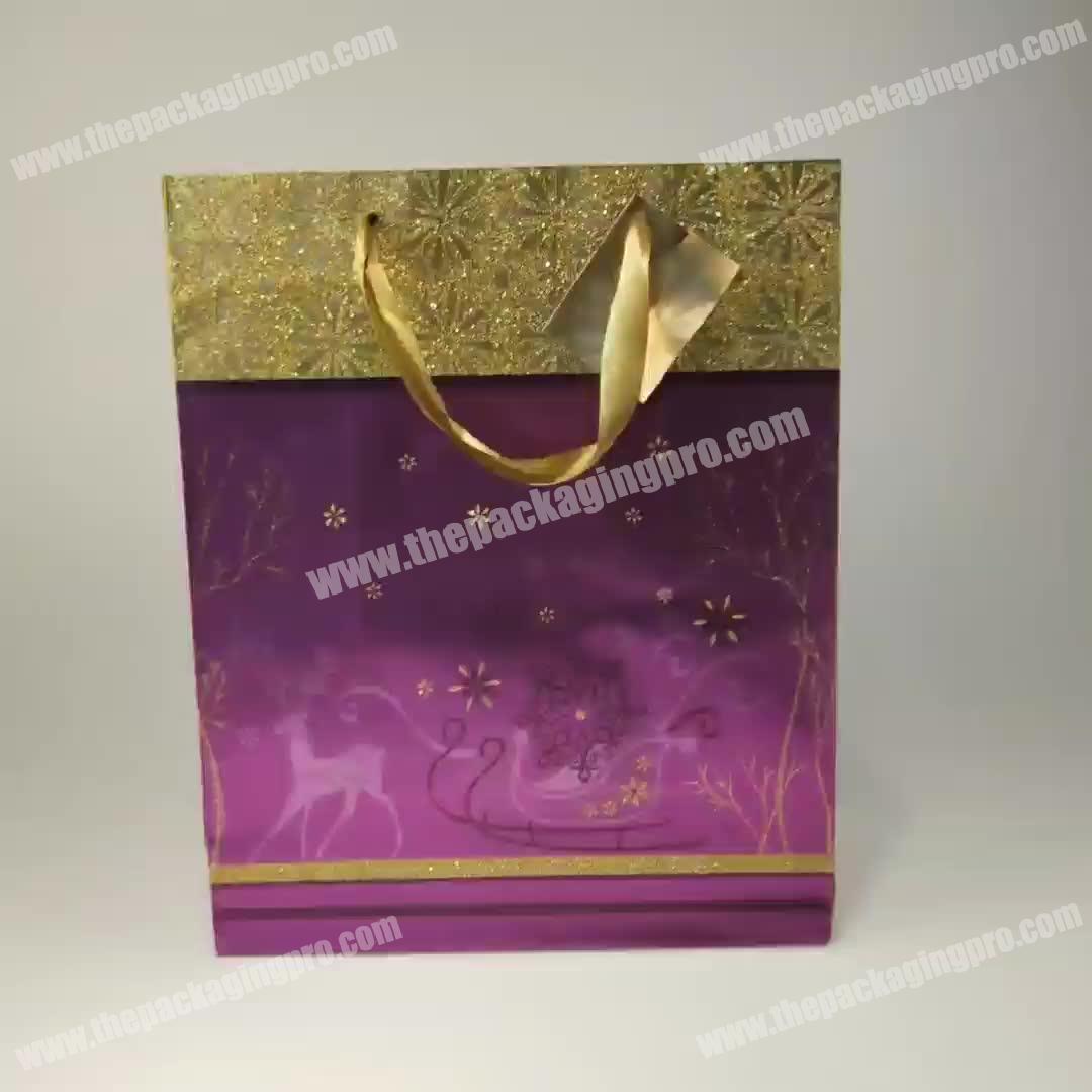 Luxury christmas gift foil paper bags packaging bag  with ribbon handle