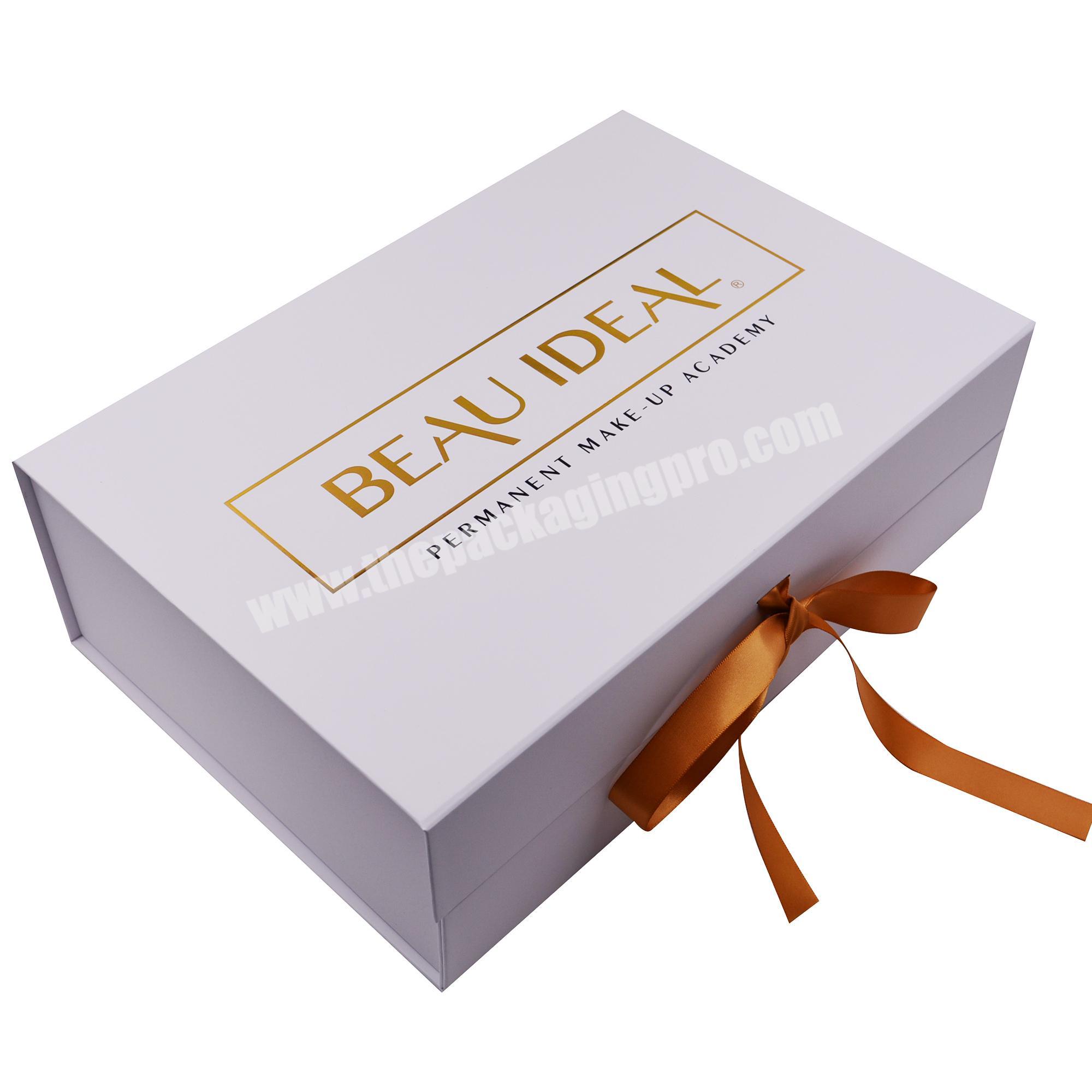 Luxury Clothing Foldable Cardboard Gift Box with Ribbon Closure Skincare Magnetic Gift Box White Packaging for Handbag Hair