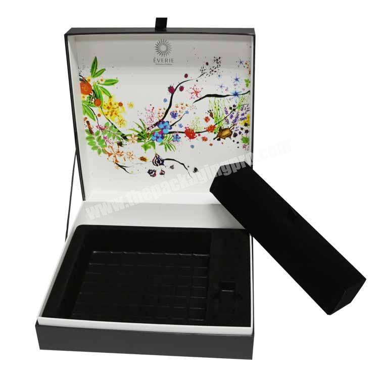 Luxury cosmetic new design flocking red velvet jewelry gift box packaging paper box with black blister velvet Insert tray