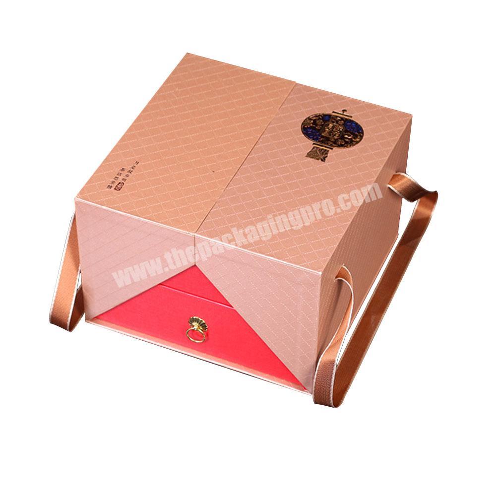 Luxury custom design double door opening gift paper cardboard gift box with ribbon handle