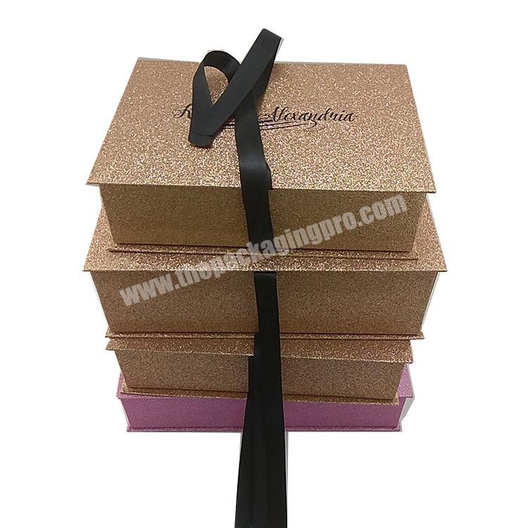 Luxury custom glitter cardboard paper shinny packaging gift box with ribbon