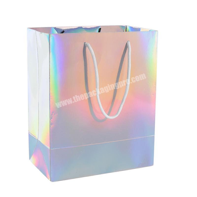 Luxury Custom Logo Printing Large Advertising Glitter Hologram Silver Foil Medium Premium Holographic Gift Carrier Paper Bag