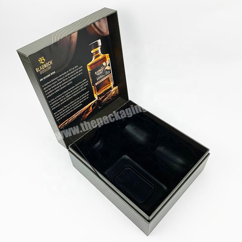 Luxury Custom Made Champagne Rigid Cardboard Paper Whisky Alcohol Wine Glass Bottle Gift Box Packaging  With Blister Tray
