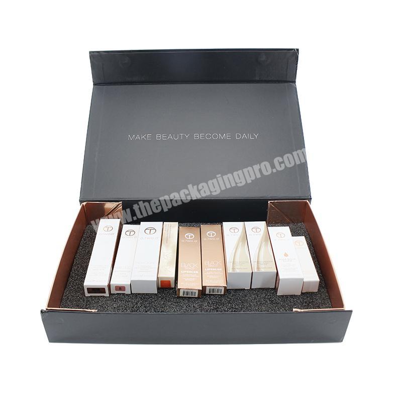 Luxury custom printing black cosmetic beauty set packaging box clamshell magnetic folded lipstick packaging box