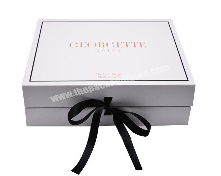 Luxury Custom white Clothing Pattern Recycled Paper Shipping Packaging Ribbon flat Foldable Gift Rigid Cardboard Box