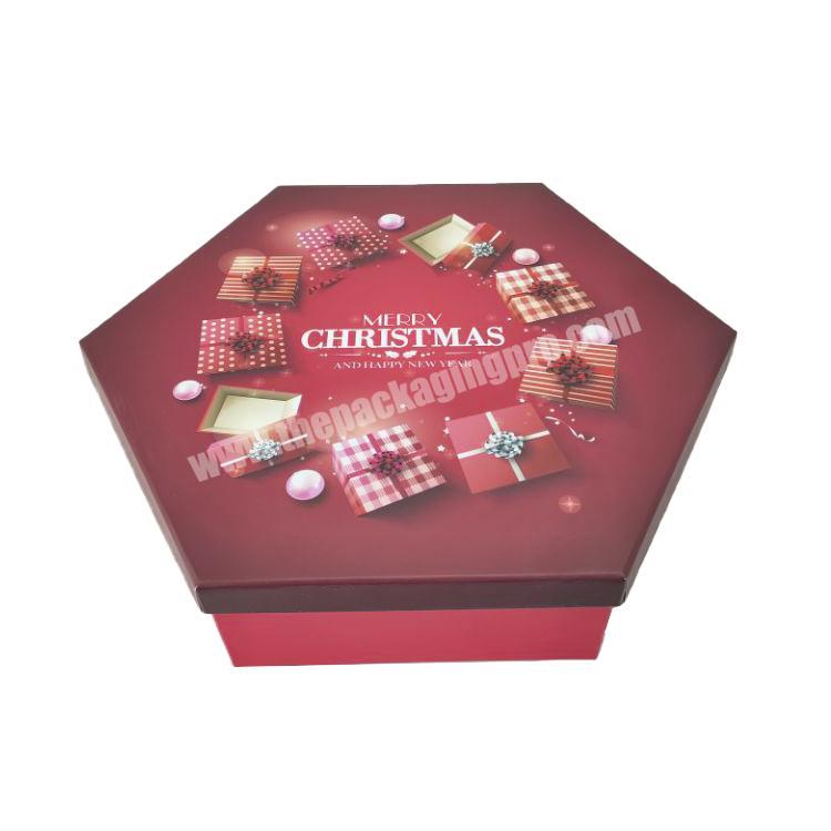 Luxury customized high-end red rigid paper special Hexagon shape printing packaging gift box for Christmas