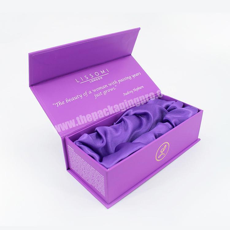Luxury customized purple essential oil packaging box square magnetic perfume skin care packaging box with stain silk