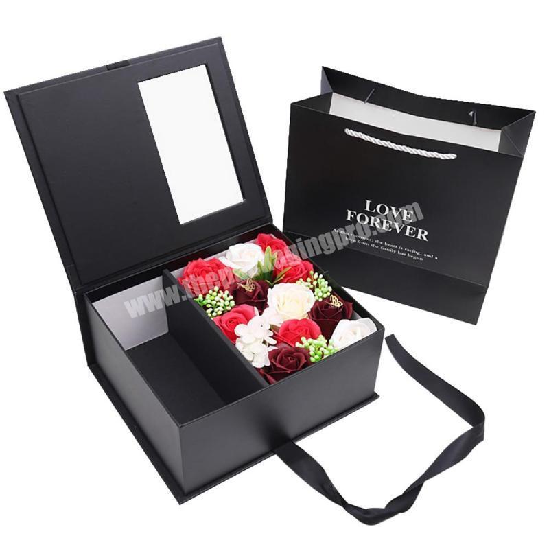 Luxury design matt black with gold logo long square rose flower packaging gift box