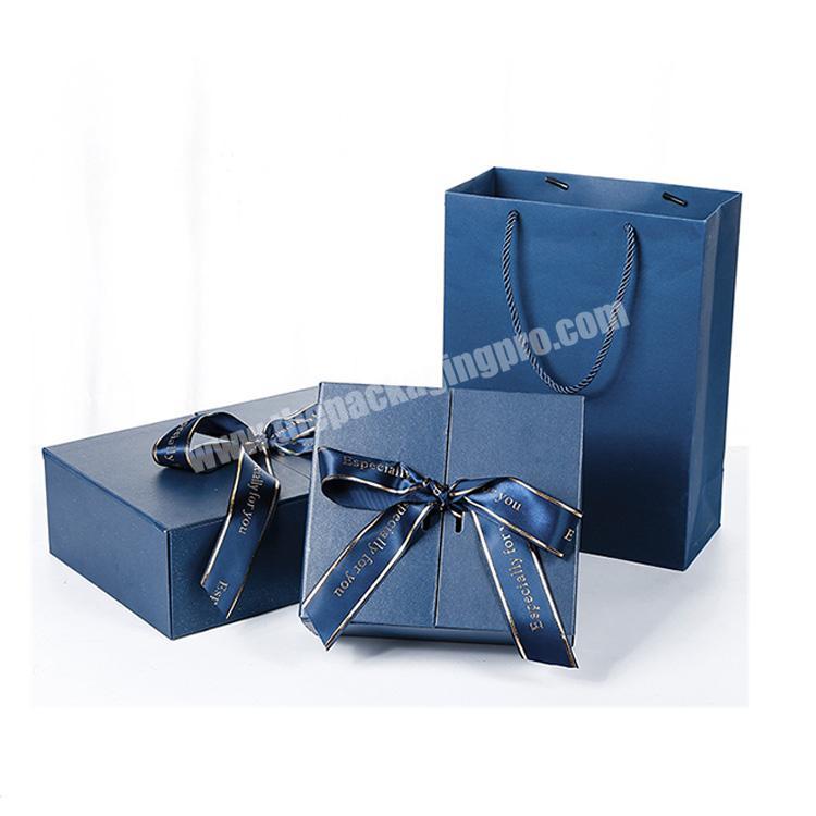 luxury double door paper perfume gift box with bow navy blue gift box with bag for cosmetic gift