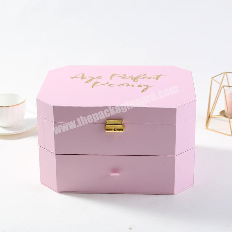 Luxury double layer drawer pink cosmetic  rigid printing paper packaging box with mental lock for cosmetic