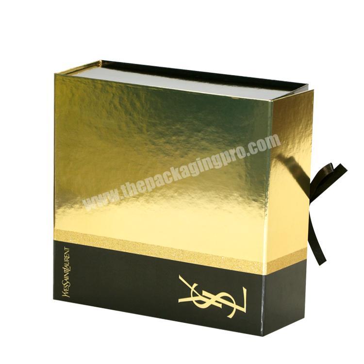 Luxury gold rigid folding gift box foldable box with ribbon packaging paper box with handle ribbon