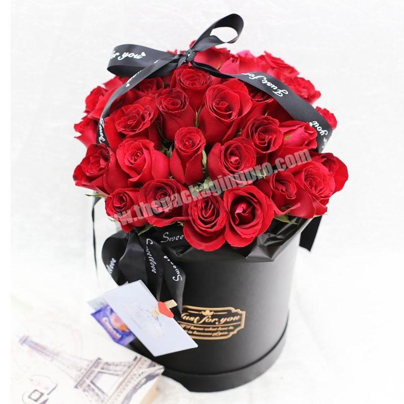 Luxury Gold Stamping Logo Black Round Hat Box Bouquet Gift Cardboard Box For Rose Flower Packaging