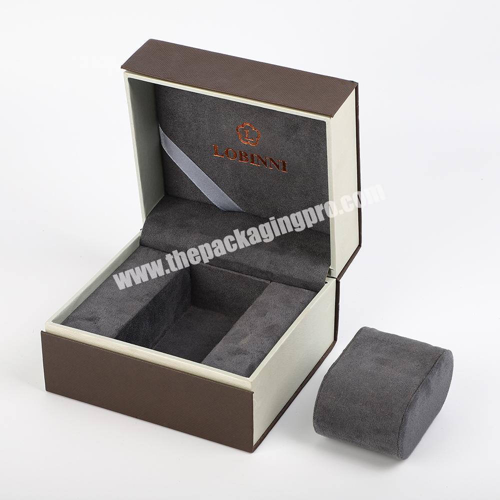 Luxury handmade single Watch box wrapped by brown textured leatherette paper outside suede inside cushion for watch