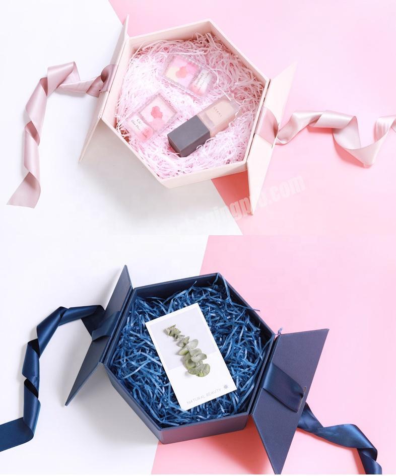 Luxury hexagonal gift box with ribbon closure for flower