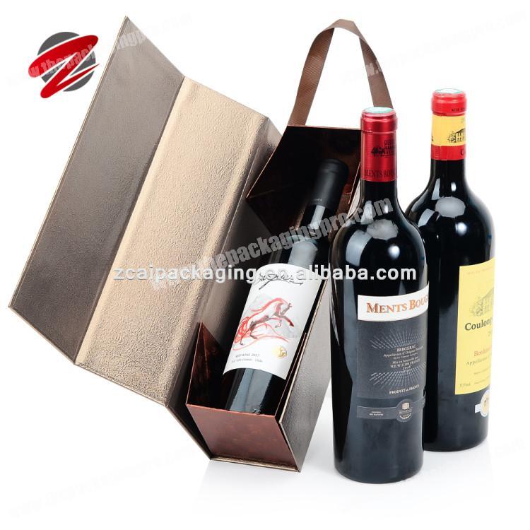 Luxury high end custom foldable magnetic folding wine gift paper box with ribbon handle