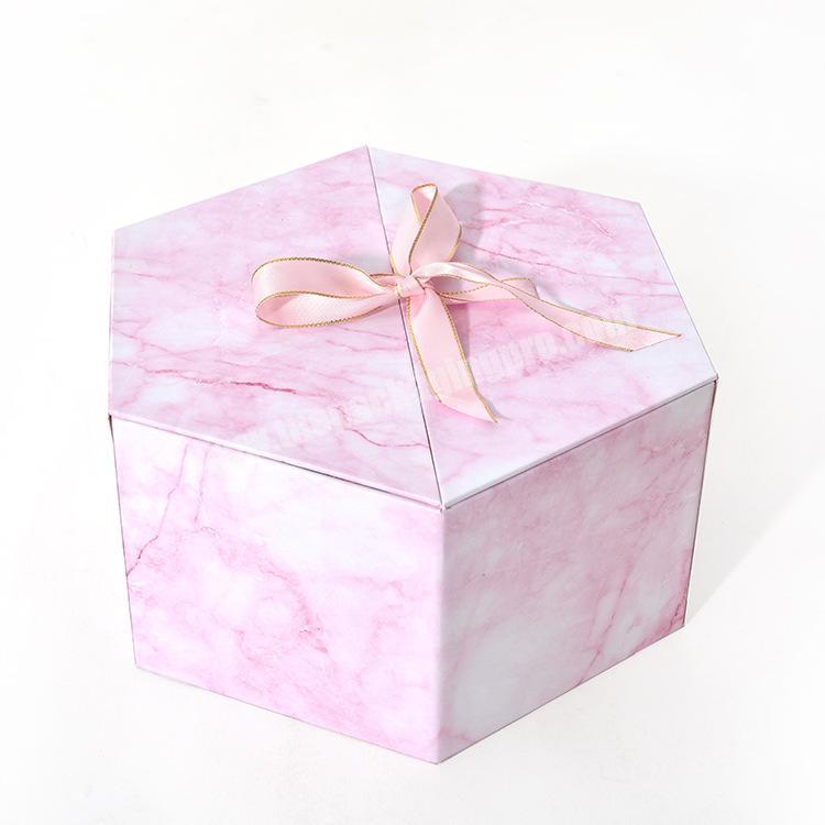 Luxury Marble Printing Double-open Hexagonal Craft Gift Box with Ribbon Closure