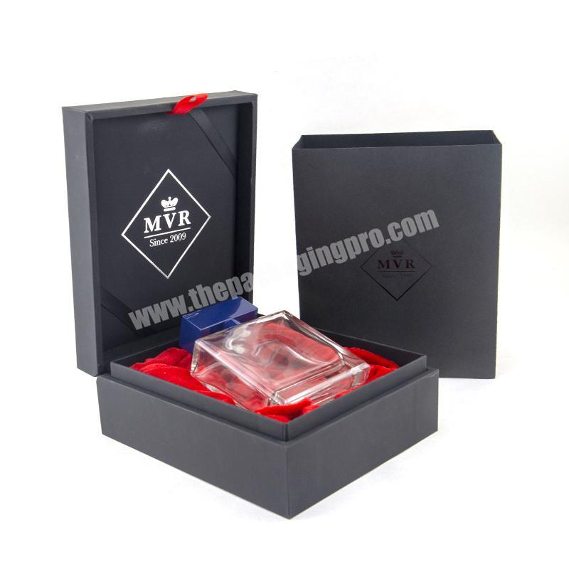 Luxury Rigid Paper Black Foil Logo UV Coating Perfume Glass Bottle Gift Box Skin Touch Paper Cosmetic Box Packaging Customized