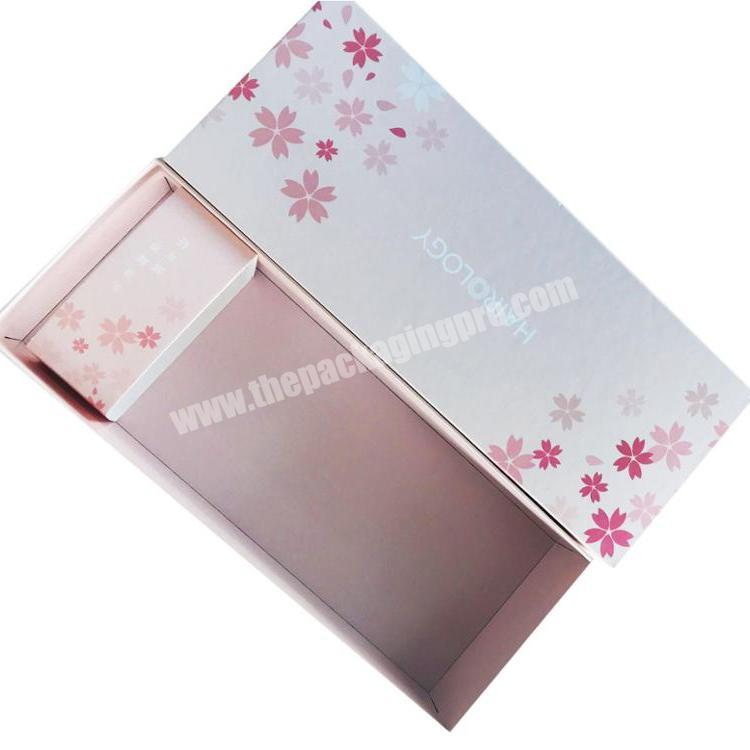 Luxury rigid spot UV logo print 2 pieces pink perfume gift box packaging with paper labels