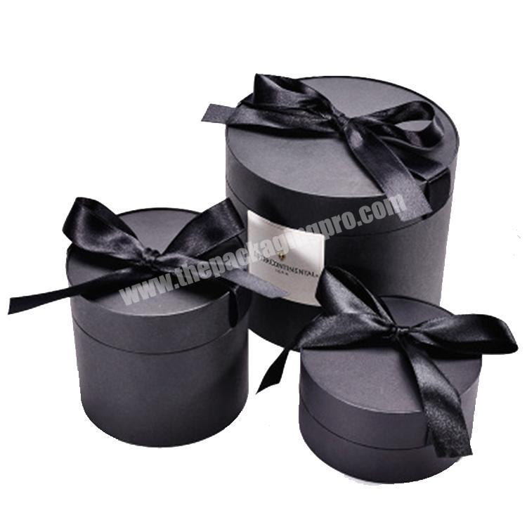 luxury round black cardboard gift box with ribbon cylinder cardboard flower packaging