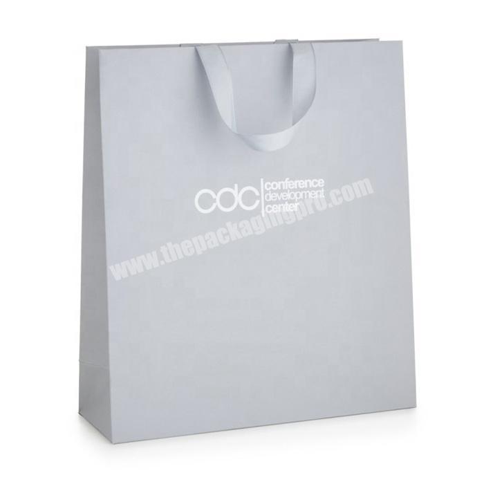 Luxury sliver printing grocery paper shopping bag with ribbon handle