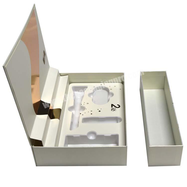 luxury special book shaped pearl paper box packaging for gift cosmetic box with velvet blister tray packaging