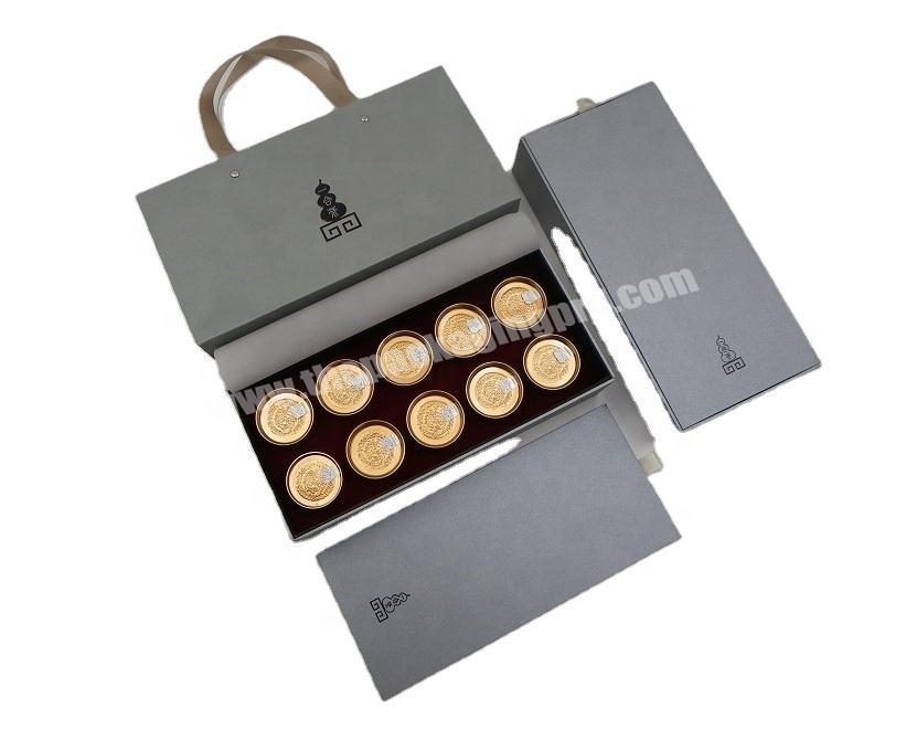 Luxury Tea Packaging Gift Box with Ten Small Aluminum Paper Canisters and Carry Bag