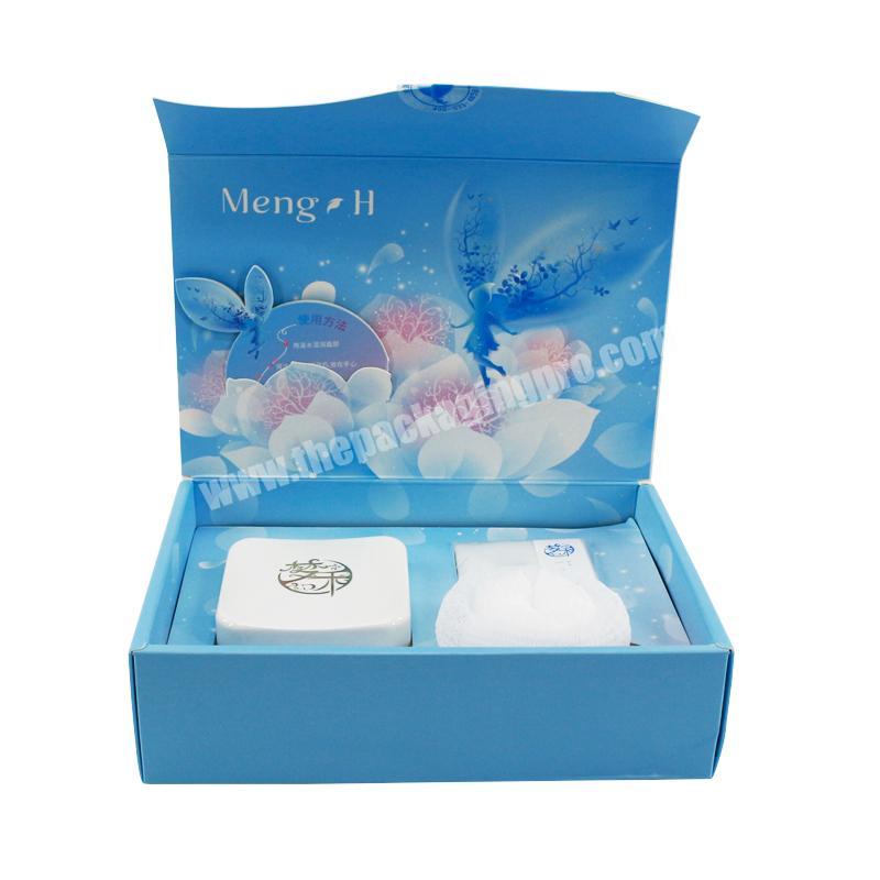 Magnetic blue rigid  skin care  packaging box customized flip top cardboard bath bomb soap packaging box