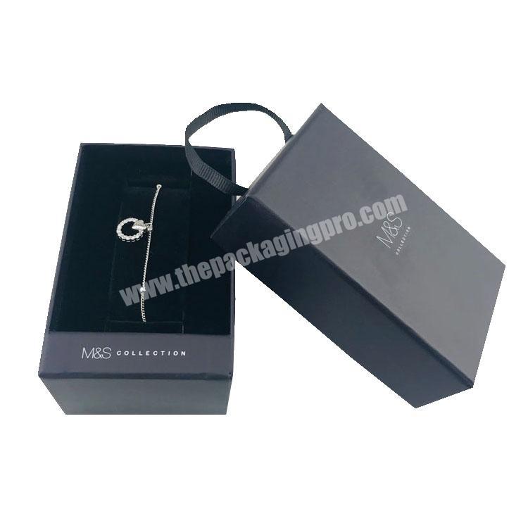 Matte black cardboard ribbon handle gift box for bangle gift chain box with C holder
