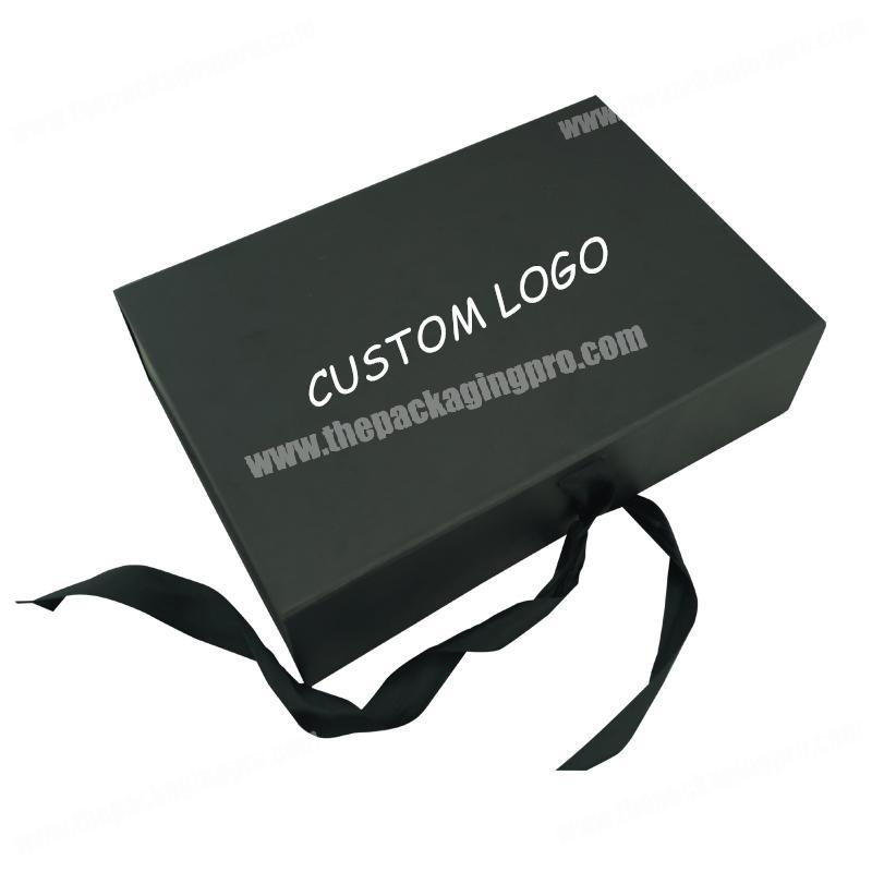 Matte Black OEM Printing Logo Cardboard Paper Foldable Ribbon Handle Clothing Gift Box Packaging