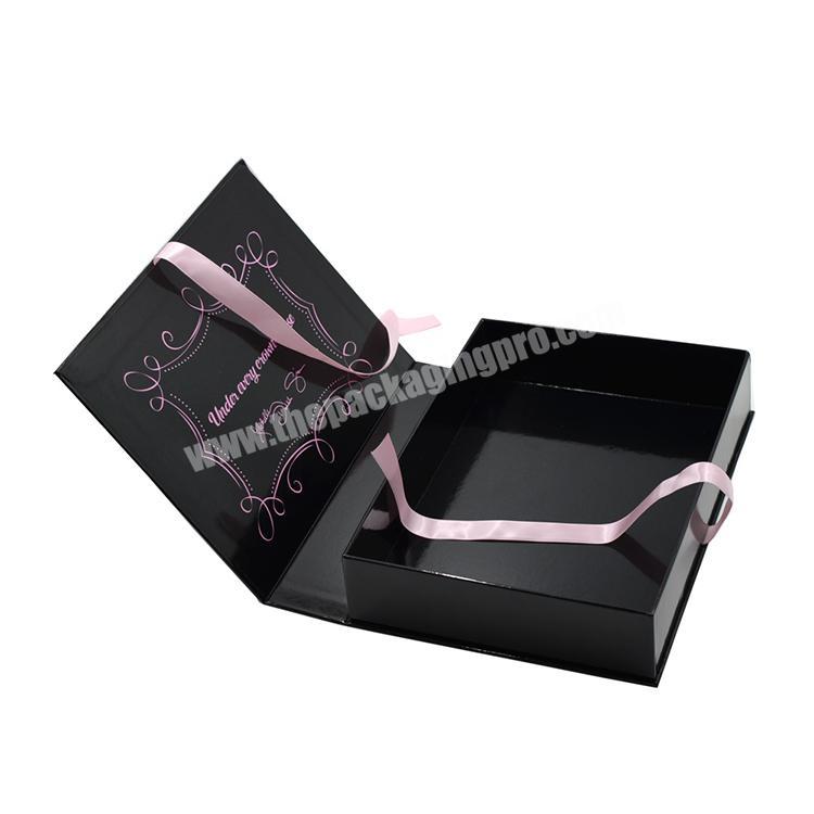 Matte black paper cardboard magnetic folding box with ribbon closure hot stamping logo custom gift packaging box
