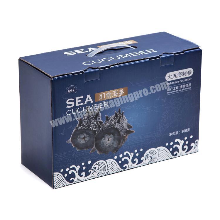 Matte varnishing offset printing seafood corrugated packaging box with plastic handle