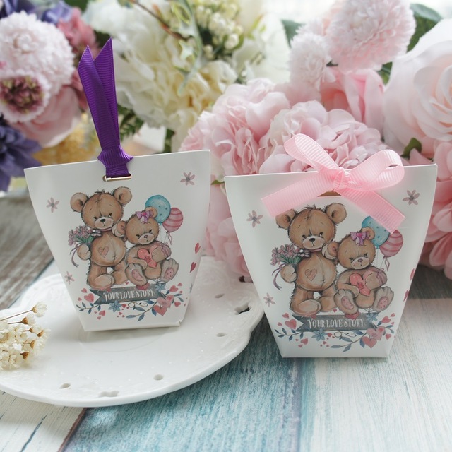 mini 10pcs bear couple Paper Box Wedding Favors Gifts Decoration For Cookie Candy Cheese Cake Gift Packaging Christmas