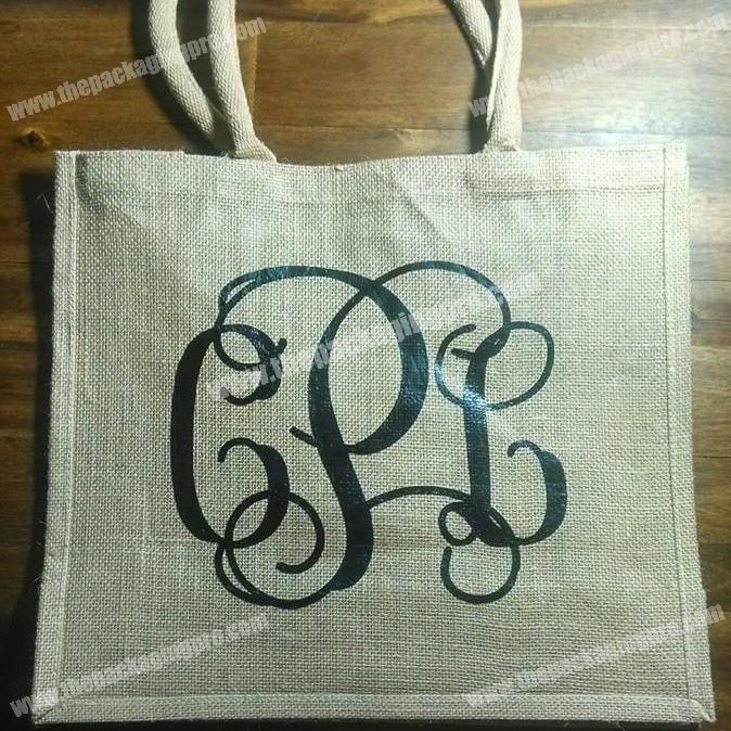 Monogrammed personalized holiday gift jute burlap tote