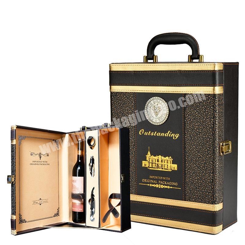 New 2 bottle luxury special texture wine gift box wholesale custom leather wine packaging box with bar tools