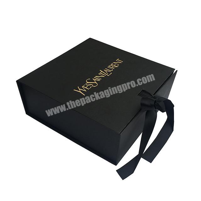 New arrival luxury folding box black with ribbon gift lid and tie factory price