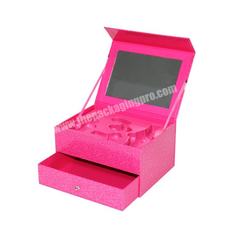 New cosmetic rigid Mei red drawer boxes with mirror custom logo lovely design cardboard gift paper fashion packaging boxes