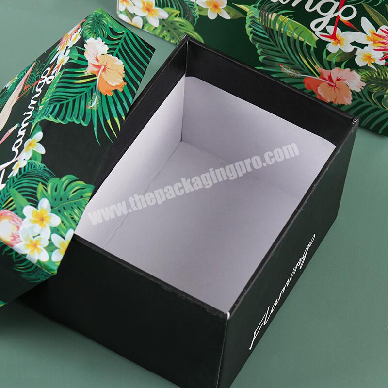 New Custom Flamingo Printed Luxury Green Color Box Flat Pack Packaging Boxes With Portable Bag