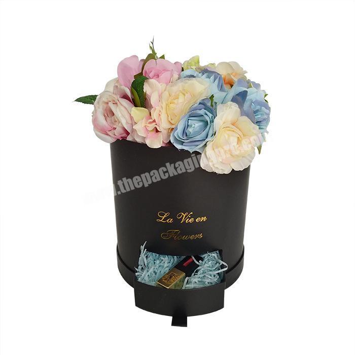 New Design Florist Black Square Cylinder Paper Flower Box With Drawer